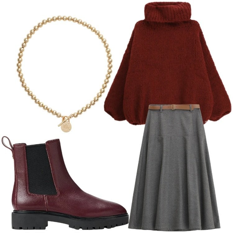 Outfit donna - Semplice semplice. Stile Chic per Tutti i giorni. Abbinamento con maglieria, gonne lunghe, collane, stivaletti chelsea.