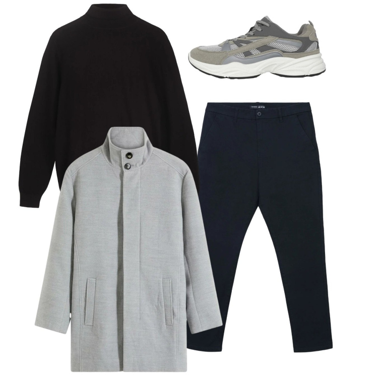 Outfit uomo - Total look. Stile Casual per Tutti i giorni. Abbinamento con cappotti, sneakers, pantaloni chino, maglieria.
