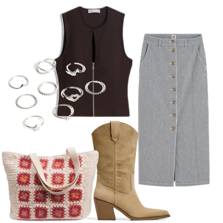 Outfit mujer - Casual #161. Estilo Casual para Oficina. Combinación con botines, bolso tote, minifaldas, top, anillos.