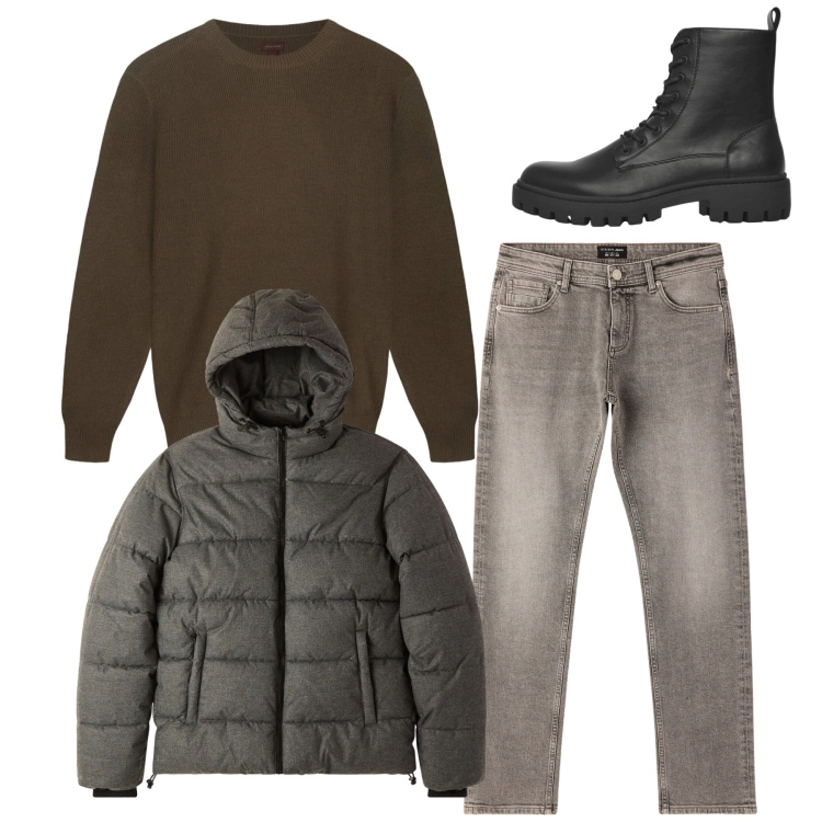 Outfit uomo - Total look. Stile Casual per Tutti i giorni. Abbinamento con anfibi, jeans, bomber, maglieria.