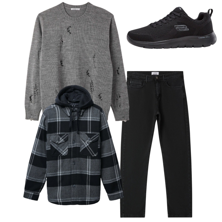 Outfit uomo - Total look. Stile Casual per Tutti i giorni. Abbinamento con sneakers, giacche, maglieria, jeans dritti.