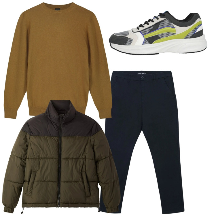 Outfit uomo - Total look. Stile Casual per Tutti i giorni. Abbinamento con pantaloni chino, bomber, sneakers, maglieria.