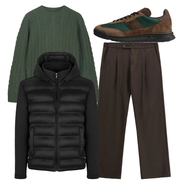 Outfit uomo - Total look. Stile Casual per Tutti i giorni. Abbinamento con pantaloni, sneakers, piumini, maglieria.