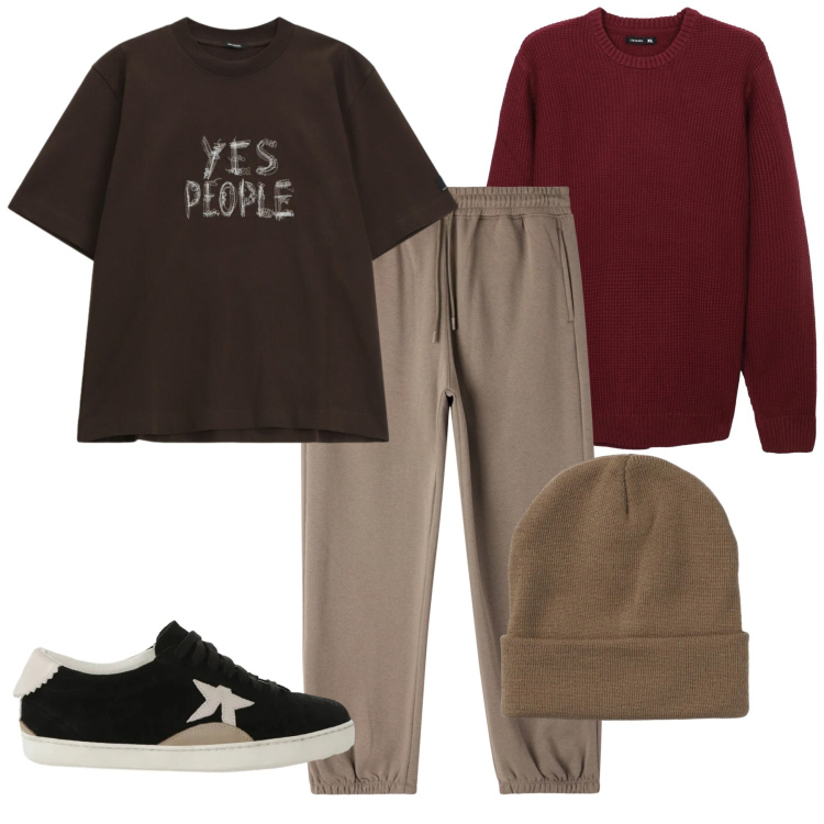Outfit uomo - Brown. Stile Casual per Tutti i giorni. Abbinamento con pantaloni, berretti, maglieria, t-shirt, sneakers.