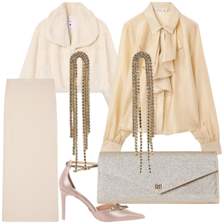 Outfit donna - Cerimonia non scontata ma in sconto. Stile Bon Ton per Serata fuori. Abbinamento con camicie, gonne lunghe, ecopellicce, orecchini, décolleté, pochette.