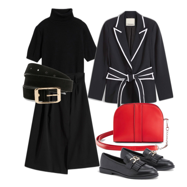 Outfit femme - Janvier. Style Bon Ton pour Tous les jours. Assortir avec pulls, jupes au genou, blazers, sacs en bandoulière, ceintures, mocassins.