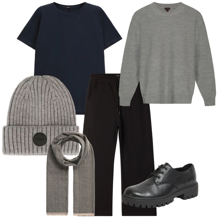 Outfit uomo - Coordinato in grigio. Stile Casual per Tutti i giorni. Abbinamento con scarpe stringate, pantaloni, sciarpe, t-shirt, berretti, maglieria.