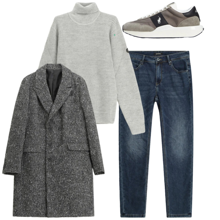 Outfit uomo - Total look. Stile Casual per Tutti i giorni. Abbinamento con cappotti, maglieria, jeans slim fit, sneakers.