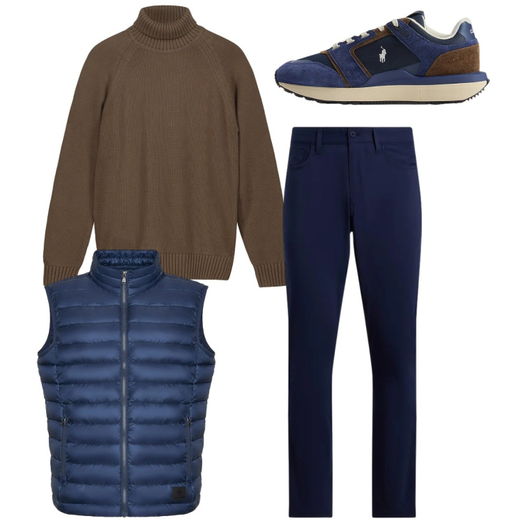 Outfit uomo - Blu e spago. Stile Casual per Tutti i giorni. Abbinamento con pantaloni, sneakers, piumini, pullovers.