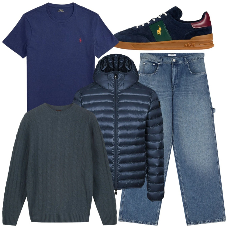 Outfit uomo - Total blu. Stile Casual per Tutti i giorni. Abbinamento con jeans, sneakers, t-shirt, bomber, maglieria.