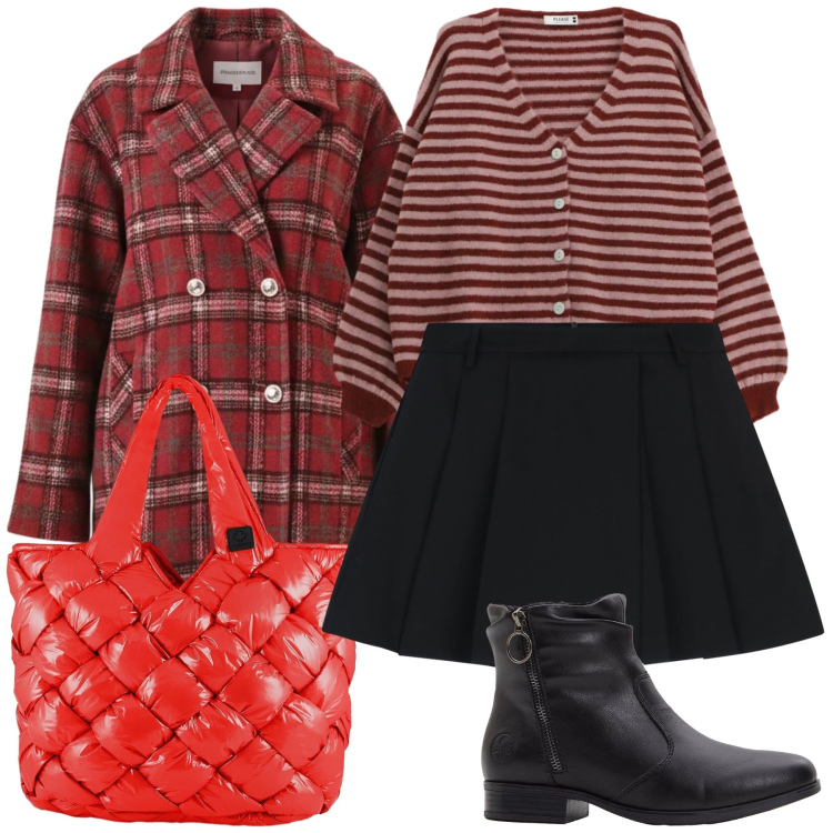 Outfit donna - In giro per saldi. Stile Preppy per Tutti i giorni. Abbinamento con stivaletti, cardigans, gonne, borse tote, cappotti.