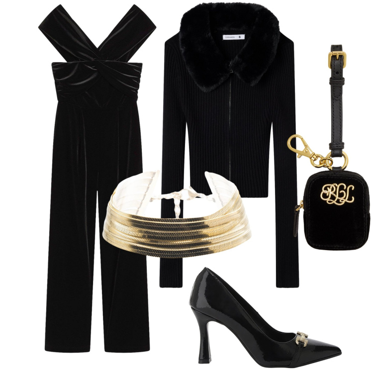 Outfit donna - Happy hour. Stile Glamour per Serata fuori. Abbinamento con tute, cardigans, décolleté, braccialetti, pochette.