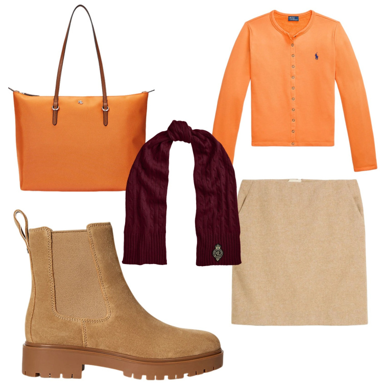 Outfit donna - Rientro vitaminico dopo le vacanze. Stile Casual chic per Ufficio. Abbinamento con gonne, cardigans, borse tote, stivaletti chelsea, sciarpe.