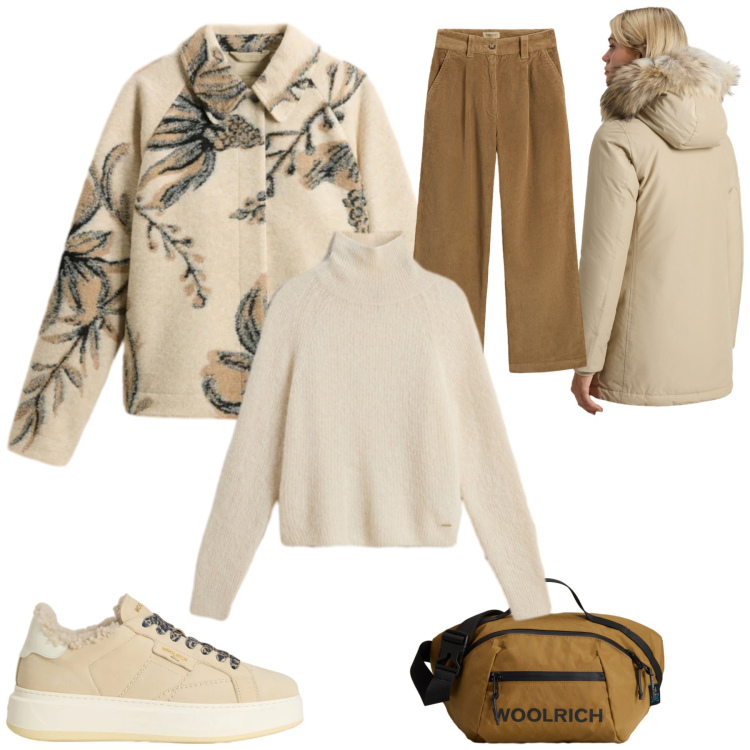 Outfit donna - Total look #2313228. Stile Casual per Tutti i giorni. Abbinamento con borse a tracolla, parka, cappotti, maglieria, pantaloni, sneakers.
