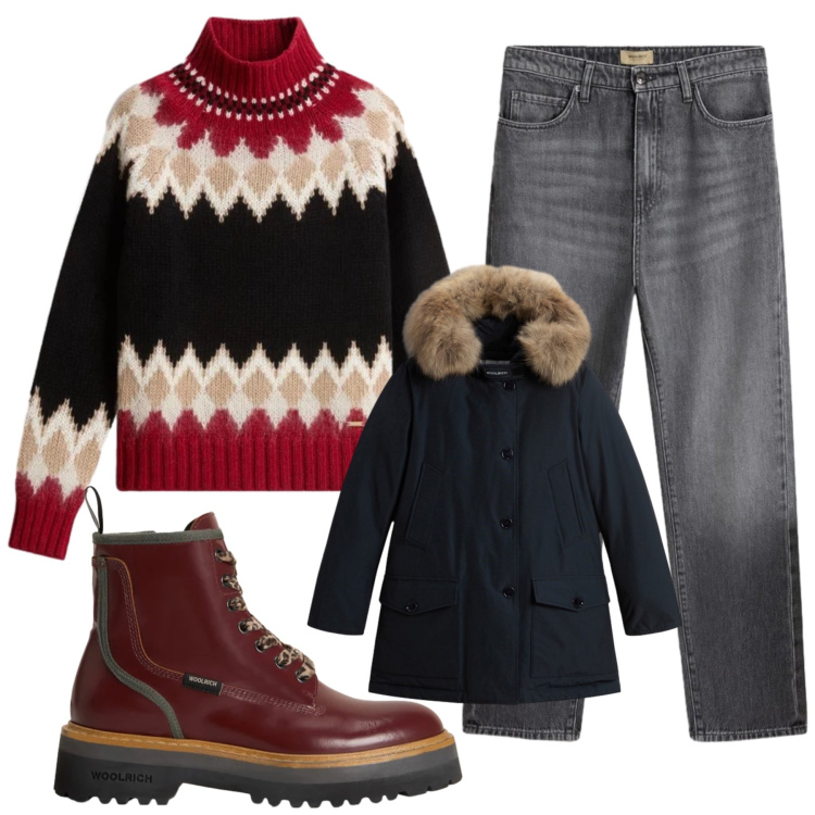 Outfit donna - Saldi. Stile Casual per Scuola/Università. Abbinamento con parka, jeans, maglieria, anfibi.