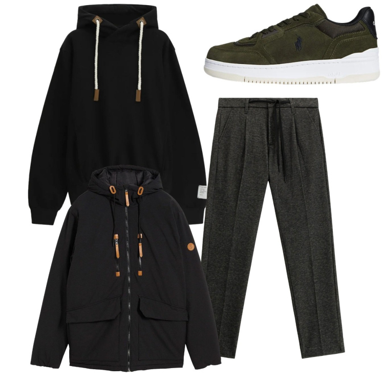 Outfit uomo - Total look. Stile Urban per Tutti i giorni. Abbinamento con piumini, pantaloni, felpe con cappuccio, sneakers.