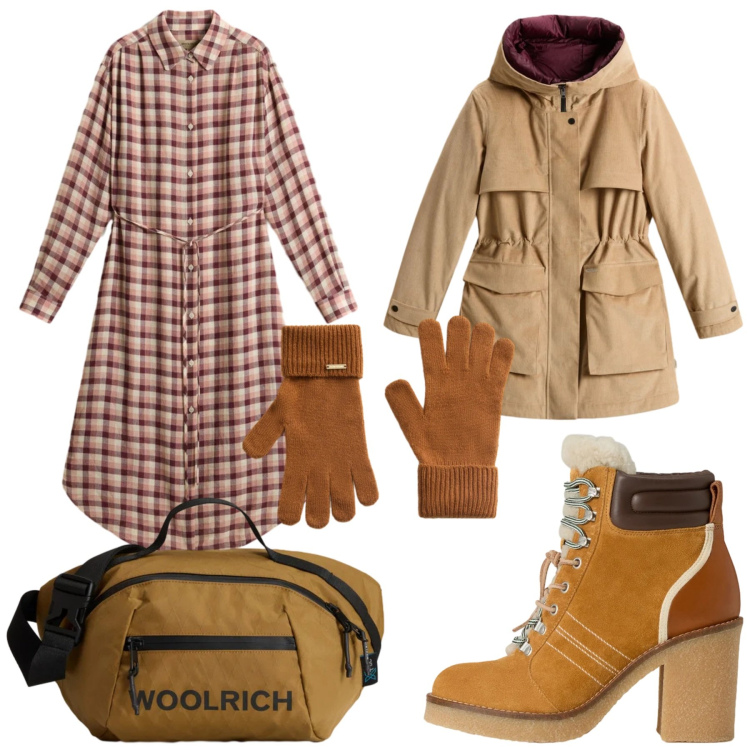 Outfit donna - Total look #2313235. Stile Casual per Tutti i giorni. Abbinamento con borse a tracolla, vestiti lunghi, parka, guanti, stivaletti.