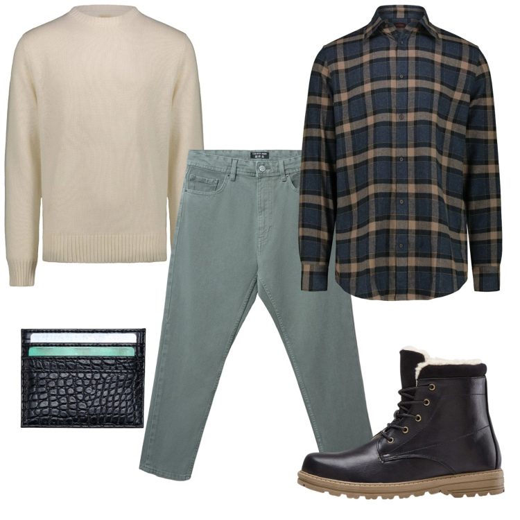 Outfit uomo - Quadri sul pull. Stile Casual per Tutti i giorni. Abbinamento con stivali e stivaletti, jeans, portafogli, maglieria, camicie.