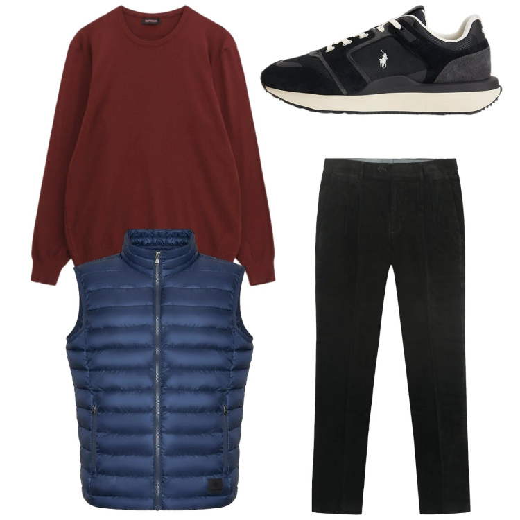 Outfit uomo - Total look. Stile Casual per Tutti i giorni. Abbinamento con maglieria, sneakers, piumini, pantaloni.