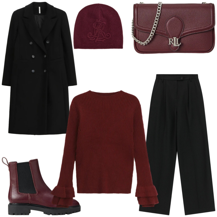 Outfit donna - Il cappotto versatile must have. Stile Casual chic per Tutti i giorni. Abbinamento con maglieria, cappotti, pantaloni a palazzo, clutch, stivaletti chelsea, berretti.