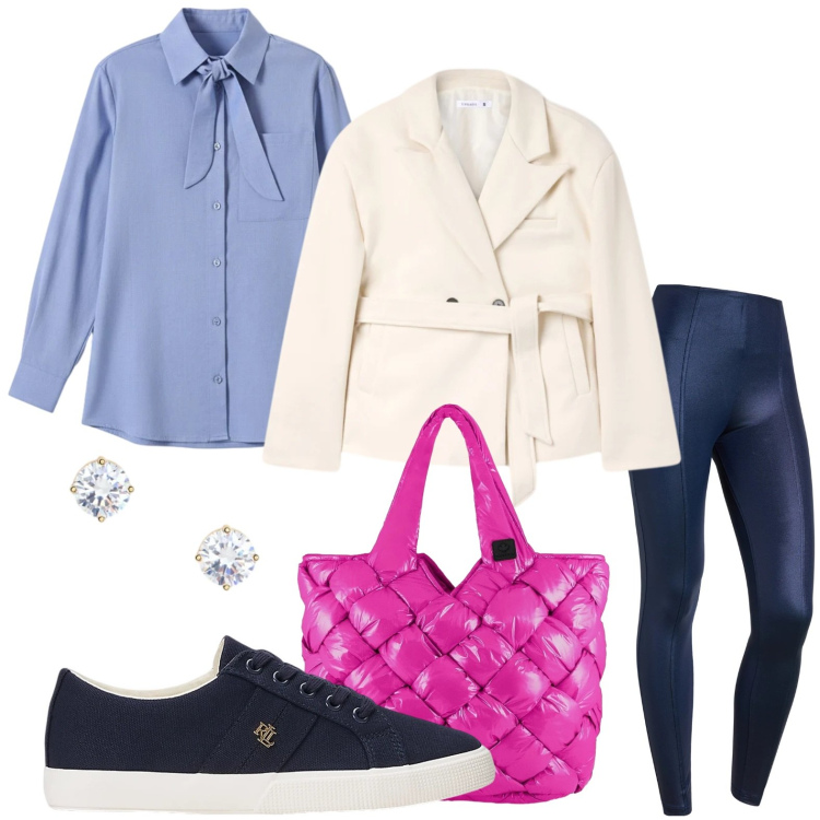 Outfit donna - Casual time. Stile Minimal per Tutti i giorni. Abbinamento con blazer, pantaloni skinny, sneakers, orecchini, borse tote, camicie.
