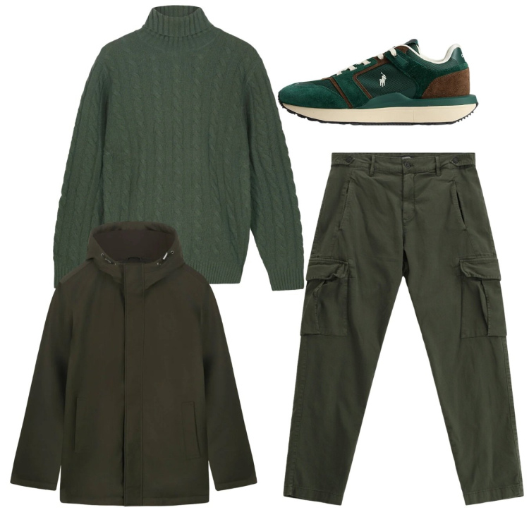 Outfit uomo - Total look. Stile Casual per Tutti i giorni. Abbinamento con pantaloni cargo, sneakers, eskimo, maglieria.