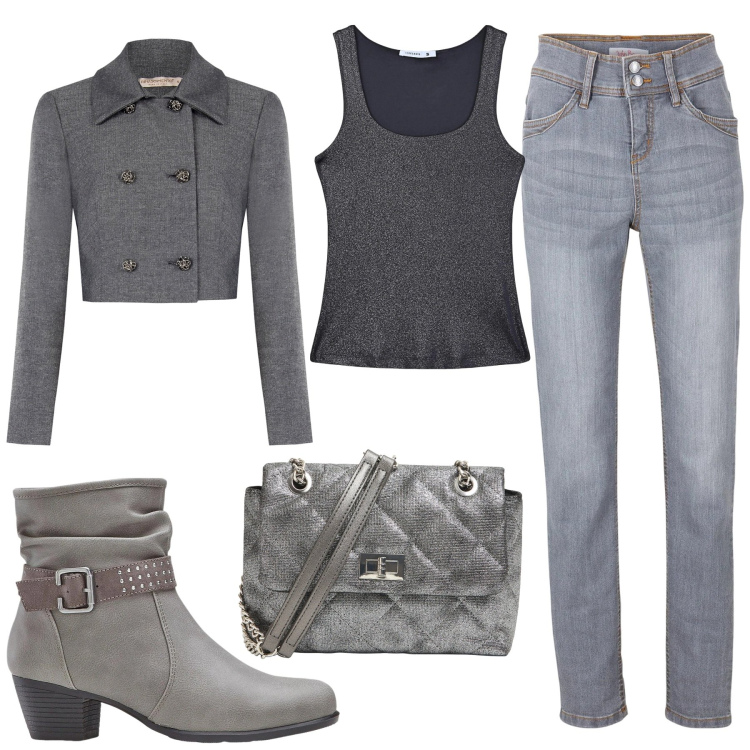 Outfit donna - Total look #2313249. Stile Casual chic per Tutti i giorni. Abbinamento con jeans slim fit, stivaletti, borse a tracolla, top, blazer.