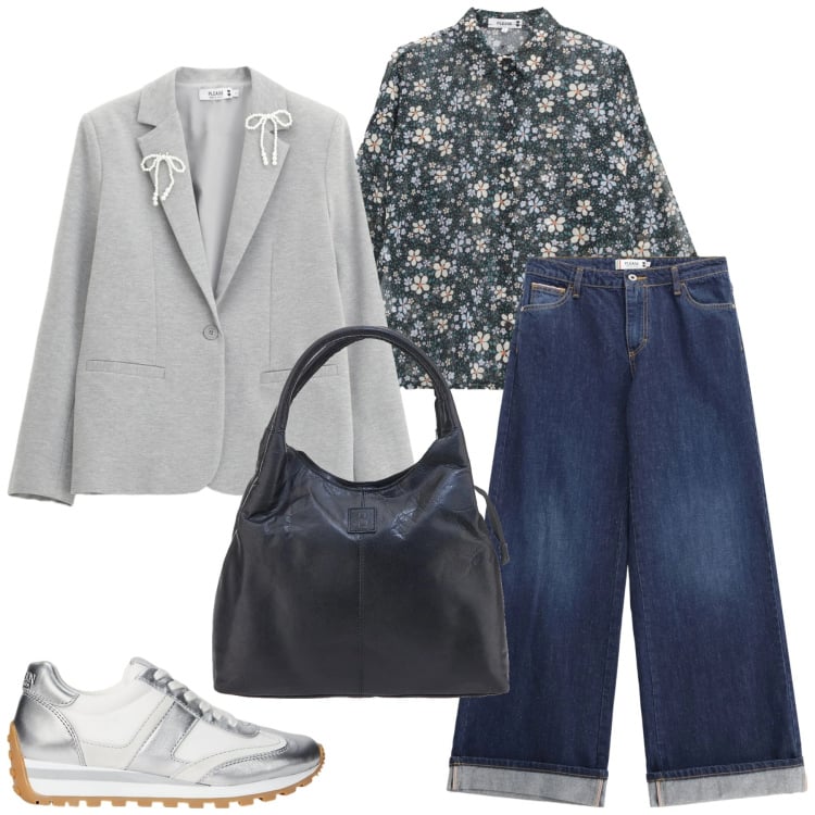 Outfit donna - Please - Saldi FW 2025. Stile Sporty chic per Ufficio. Abbinamento con blazer, jeans, camicie, sneakers, borse a mano.