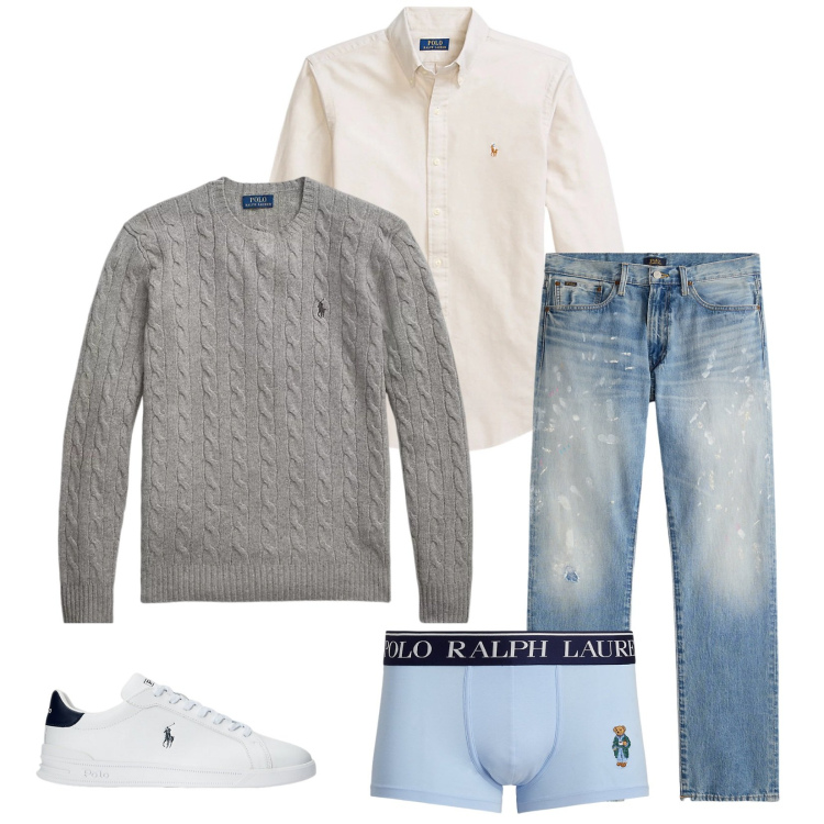 Outfit uomo - Total look #2313256. Stile Trendy per Tutti i giorni. Abbinamento con sneakers, jeans dritti, maglieria, camicie, boxer.