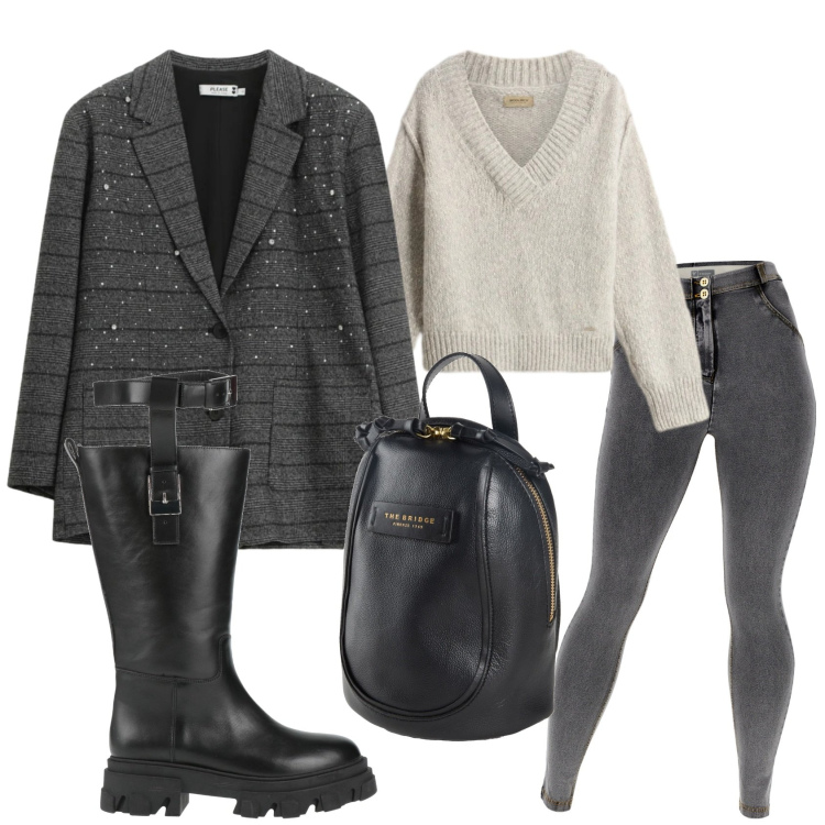 Outfit donna - Total look #2313257. Stile Trendy per Tutti i giorni. Abbinamento con zaini, stivali, blazer, jeggings, maglieria.