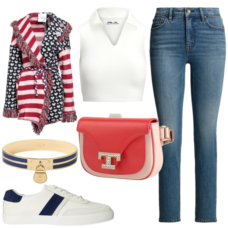 Outfit donna - Total look #2313260. Stile Casual per Tutti i giorni. Abbinamento con marsupi, cardigans, sneakers, polo, jeans dritti, braccialetti con ciondoli.