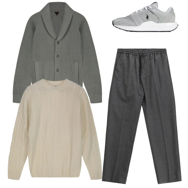 Outfit uomo - Total look. Stile Casual per Tutti i giorni. Abbinamento con pantaloni, sneakers, maglieria, cardigans.