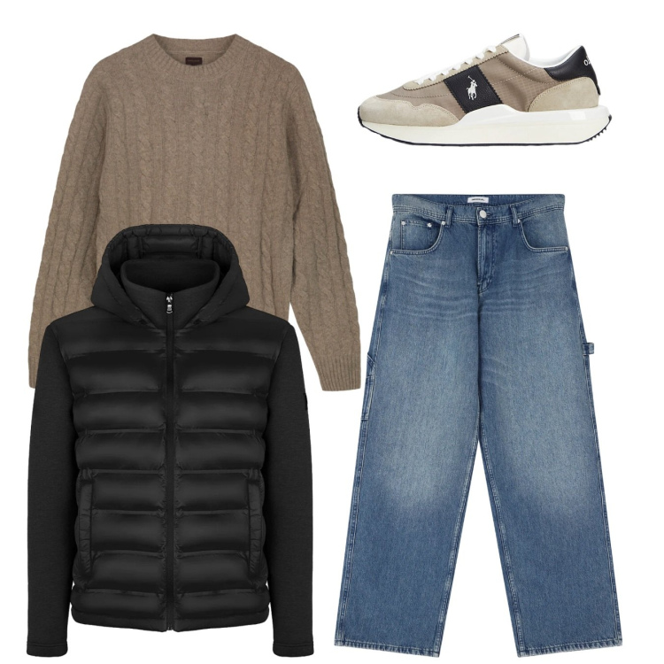Outfit uomo - Total look. Stile Casual per Tutti i giorni. Abbinamento con jeans, sneakers, piumini, maglieria.