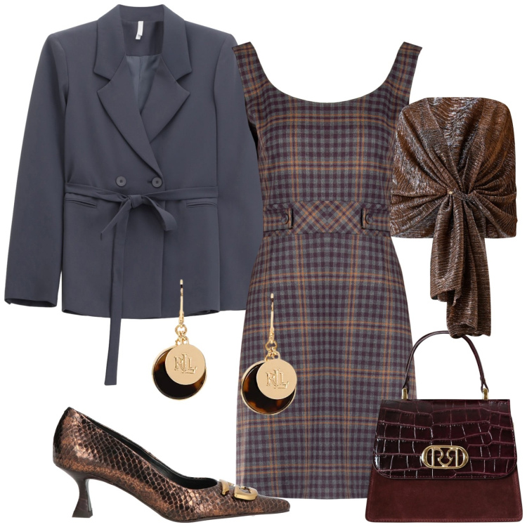 Outfit donna - Bronzo e grigio. Stile Chic per Serata fuori. look ideale per Petite. Abbinamento con décolleté, blazer, orecchini, vestiti a tubino, stole, borse a mano.