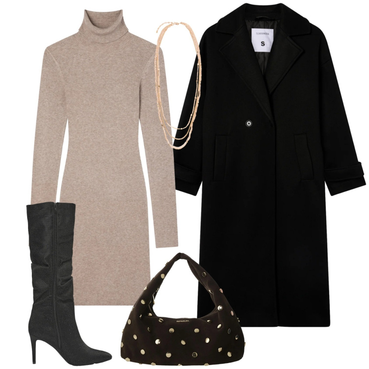Outfit donna - Il cappotto nero. Stile Casual chic per Ufficio. Abbinamento con stivali, cappotti, vestiti corti, borse a spalla, collane.