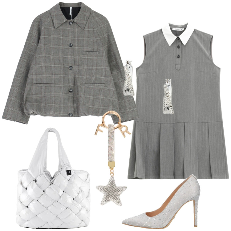 Outfit donna - Winter in grey. Stile Casual chic per Serata fuori. look ideale per Petite. Abbinamento con décolleté, vestiti corti, blazer, orecchini, borse tote, portachiavi.