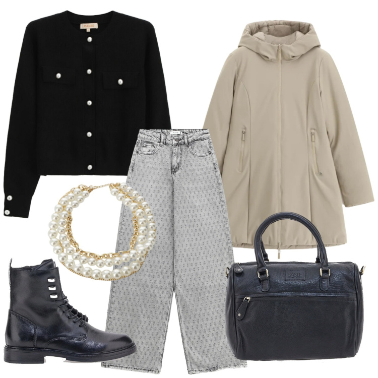 Outfit donna - Please - Saldi FW 2025. Stile Casual per Tutti i giorni. Abbinamento con parka, jeans, cardigans, collane, anfibi, borse a tracolla.