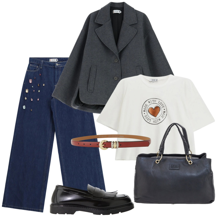 Outfit donna - Please - Saldi FW 2025. Stile Mannish per Tutti i giorni. Abbinamento con blazer, jeans, t-shirt, cinture, mocassini, borse a mano.