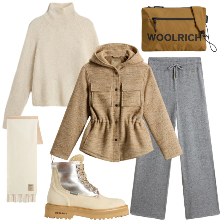 Outfit donna - Woolrich. Stile Urban per Tutti i giorni. Abbinamento con borse a tracolla, blazer, maglieria, sciarpe, anfibi, pantaloni.
