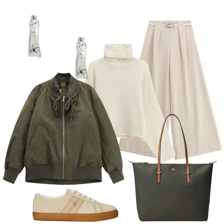Outfit donna - Saldi 2025 IMPERIAL. Stile Casual chic per Tutti i giorni. Abbinamento con bomber, maglieria, pantaloni a palazzo, borse tote, orecchini, sneakers.