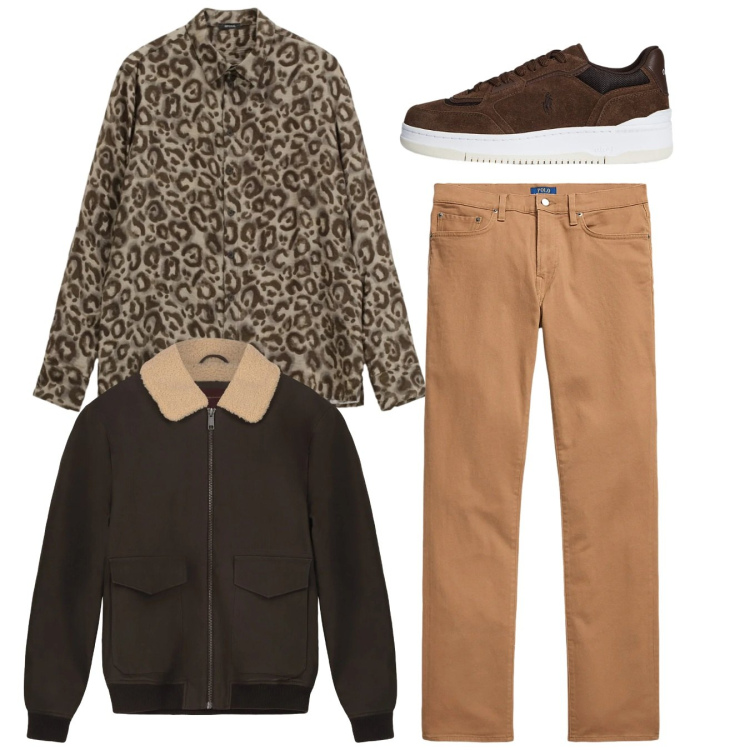 Outfit uomo - Total leo. Stile Trendy per Tutti i giorni. Abbinamento con camicie, sneakers, pantaloni, bomber.