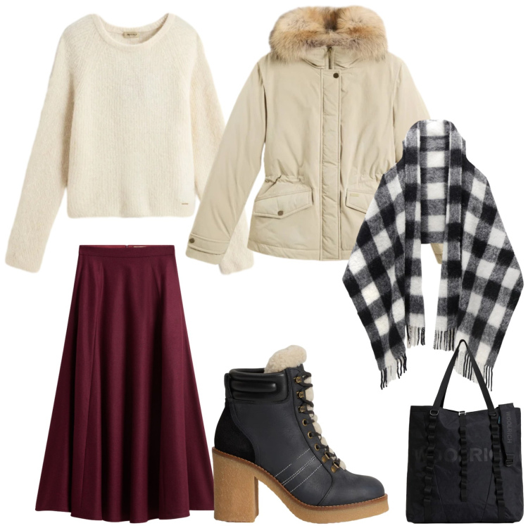 Outfit donna - Total look #2313295. Stile Casual per Tutti i giorni. Abbinamento con borse tote, maglieria, gonne lunghe, blazer, stivaletti, sciarpe.