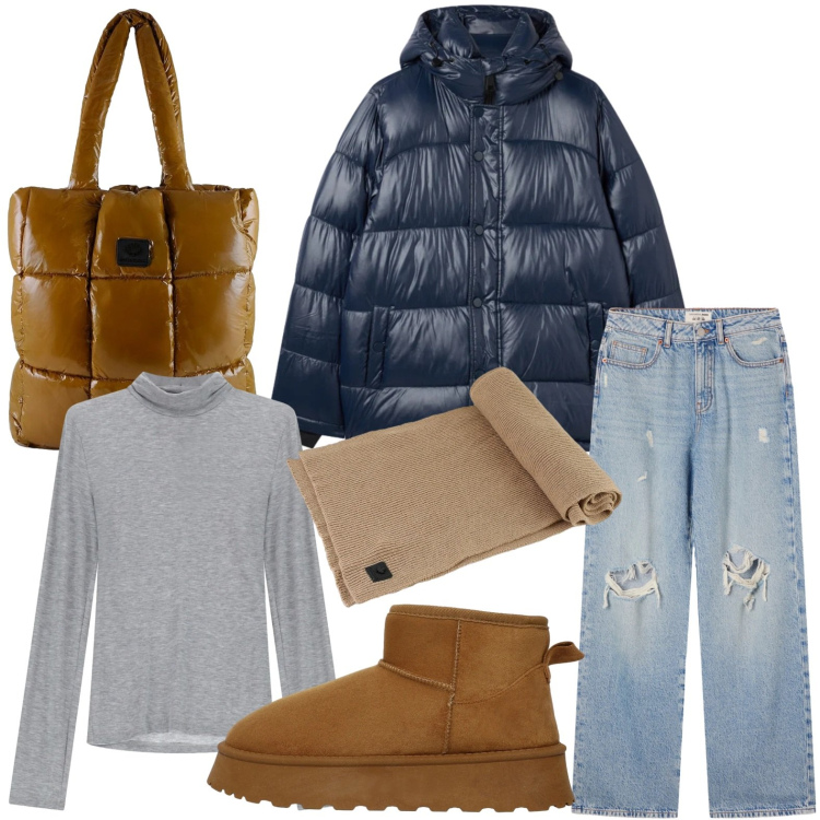 Outfit donna - Abbigliamento quotidiano. Stile Casual per Scuola/Università. Abbinamento con jeans strappati, stivali, bomber, maglieria, shopping bag, sciarpe.