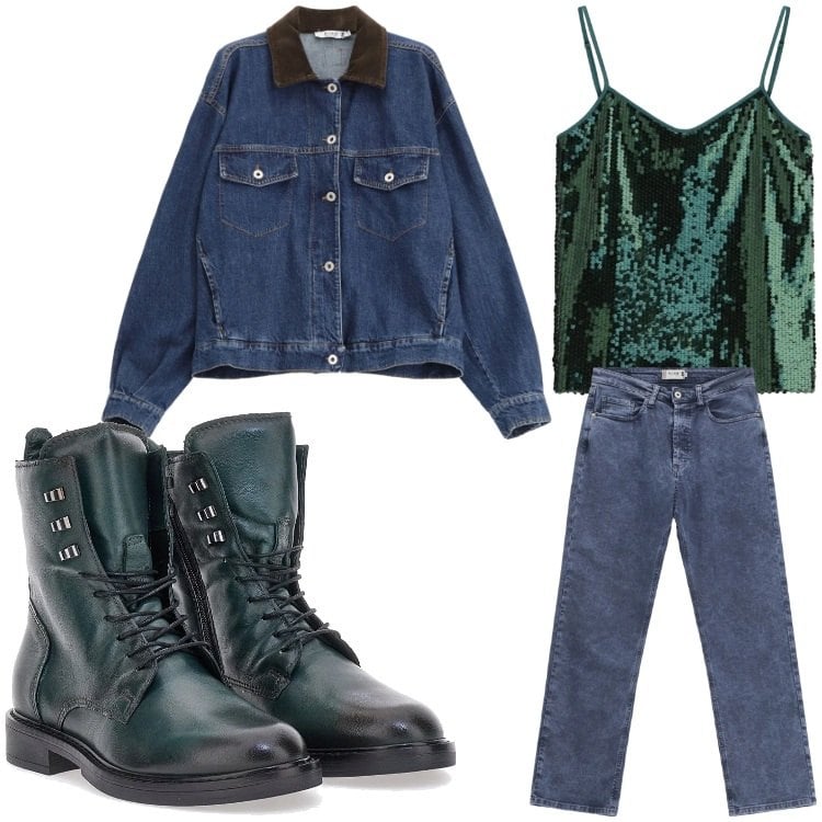 Outfit donna - Jeans e paillettes. Stile Chic per Serata fuori. Abbinamento con jeans dritti, top, blazer, anfibi.