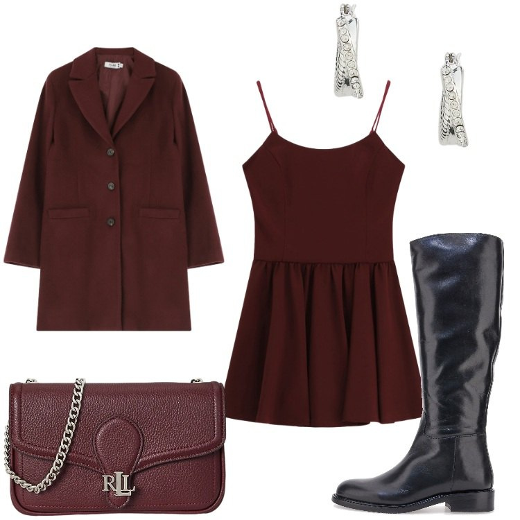 Outfit donna - Festa. Stile Chic per Serata fuori. Abbinamento con vestiti corti, cappotti, orecchini, clutch, stivali.
