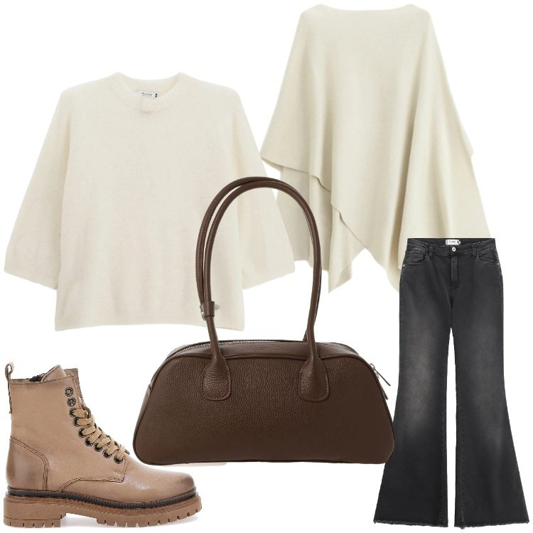 Outfit donna - Basta poco. Stile Casual per Tutti i giorni. Abbinamento con jeans a zampa, maglieria, pullovers, borse a mano, anfibi.