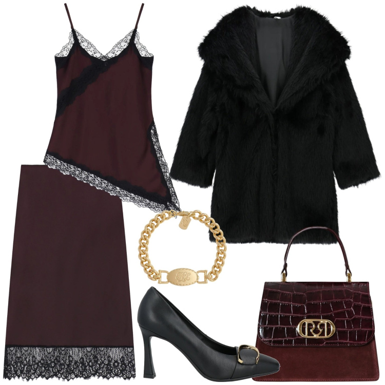 Outfit donna - Teddy nero. Stile Chic per Serata fuori. look ideale per Tall. Abbinamento con décolleté, gonne longuette, cappotti, canottiere, braccialetti, borse a mano.