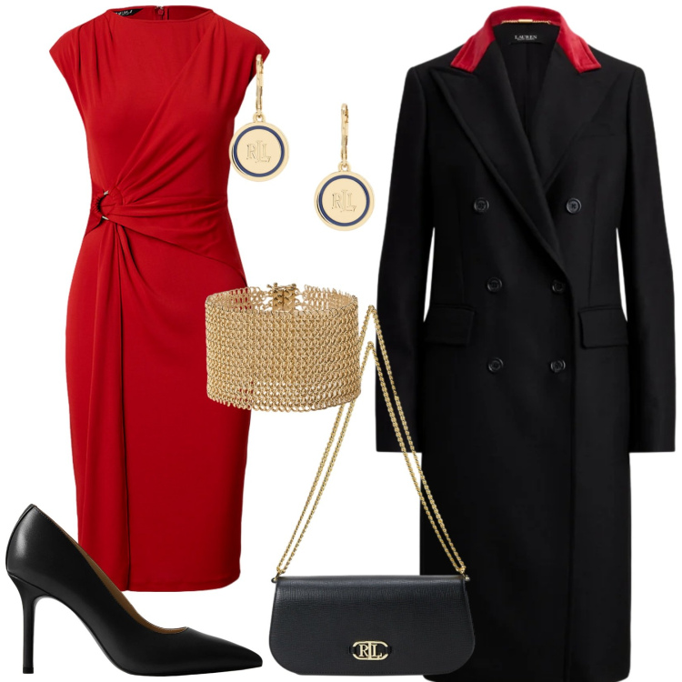 Outfit donna - Cappotto nero. Stile Chic per Cerimonia. look ideale per Tall. Abbinamento con braccialetti, décolleté, orecchini, vestiti, borse a spalla, cappotti.