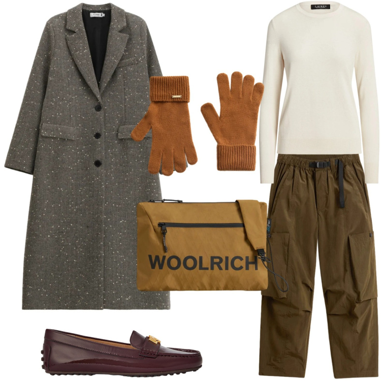 Outfit donna - I guanti caldi. Stile Minimal per Ufficio. Abbinamento con cappotti, maglieria, mocassini, borse a tracolla, guanti, pantaloni cargo.