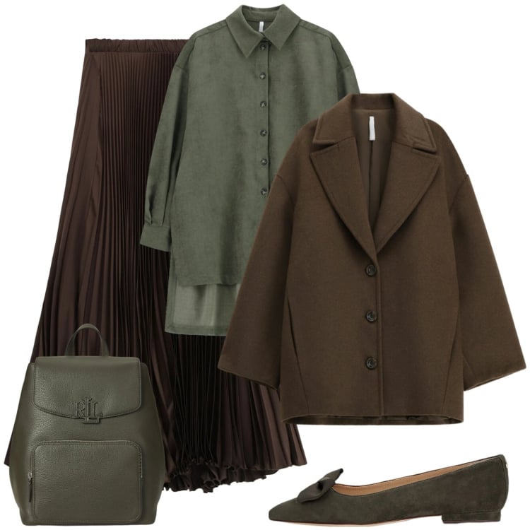Outfit donna - Colori del bosco. Stile Casual per Tutti i giorni. Abbinamento con camicie, cappotti, gonne lunghe, ballerine, zaini.